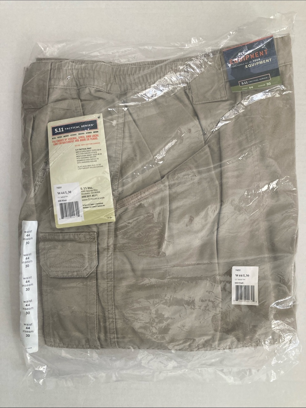 5.11 Tactical Khaki Canvas Tactical Pants 745251 Cargo Men Size W44/L30 New